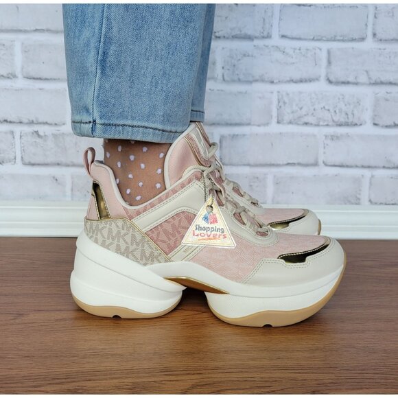 Michael Kors Olympia Mixed Media Trainer Platform 8.5M Women Shoes Sneakers Pink - Picture 3 of 12